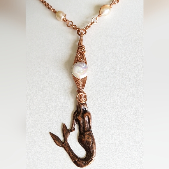 Mermaid Pendant Copper Jewelry Set Fresh Water Pearl Accents - Picture 15 of 16